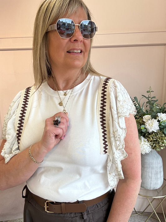 Frill Embroidery Sleeve T Shirt  - Soft Cream - Wardrobe By Simone