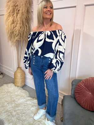 Bold Print Bardo Top - Navy/Cream