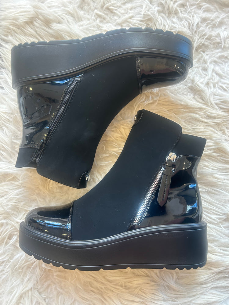 Ankle Boot = Black Paten Wedge