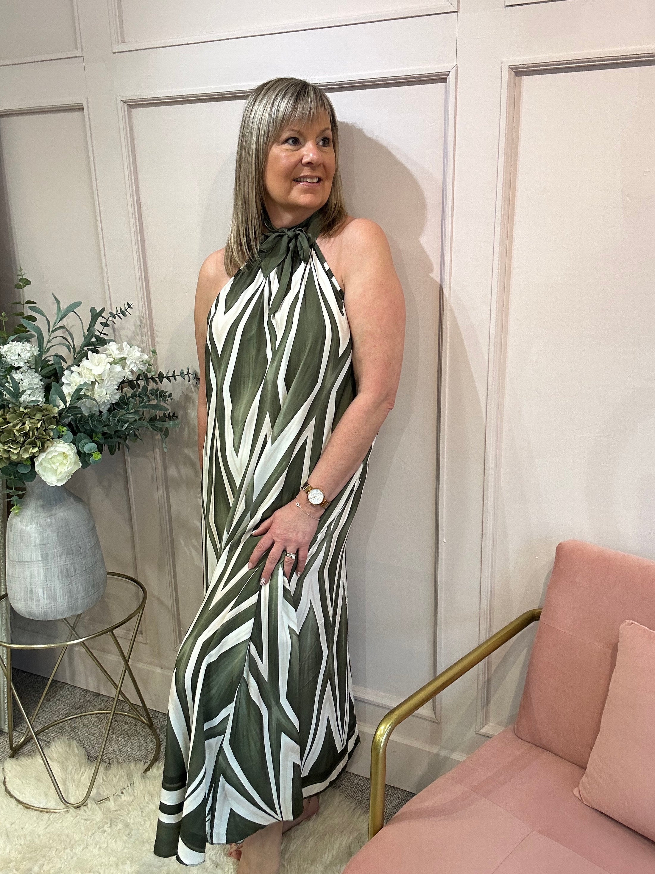 Halter Neck Maxi Dress - Khaki/Cream - Wardrobe By Simone