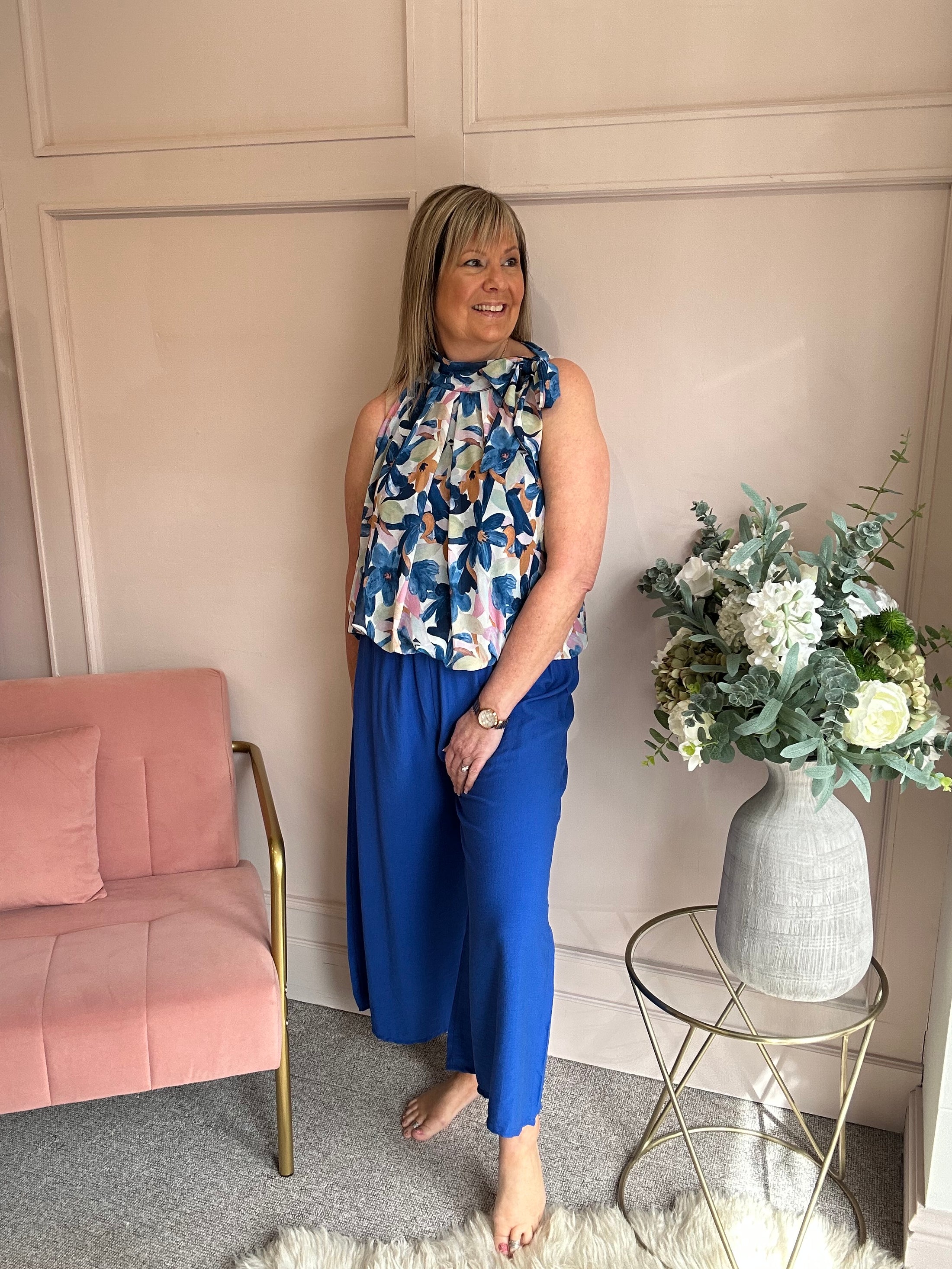 Floral Bow Tie Sleeveless Top - Blue/Pink - Wardrobe By Simone