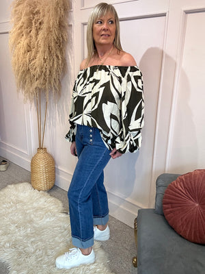Bold Print Bardo Top - Khaki/Cream