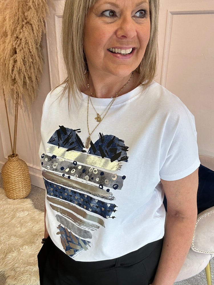 Navy Heart & Flecks Of Silver T Shirt - White - Wardrobe By Simone