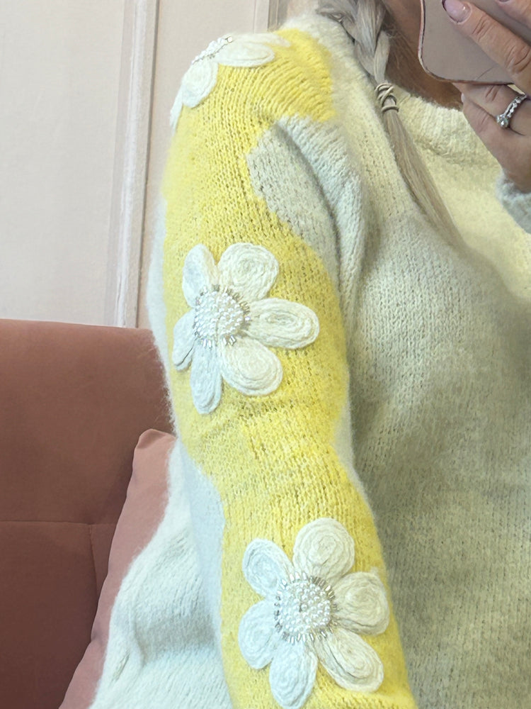 Beaded Flower Detail Jumper - Cream/Yellow