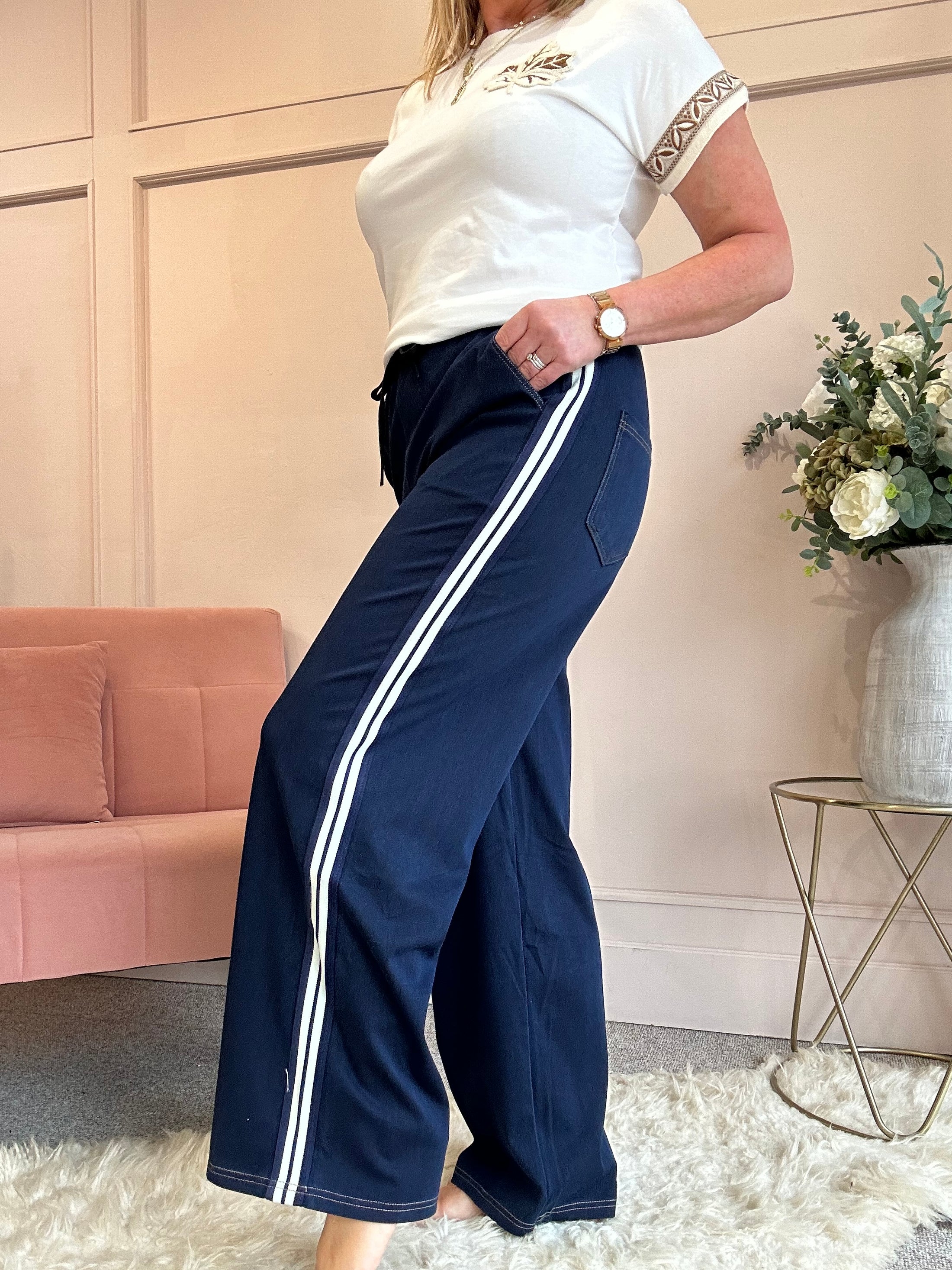 White Striped Edge Jogger Pant - Blue/White - Wardrobe By Simone
