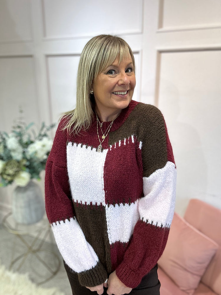 Bold Colour Block Pattern Jumper - Burgundy/pink/Brown