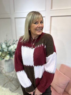 Bold Colour Block Pattern Jumper - Burgundy/pink/Brown