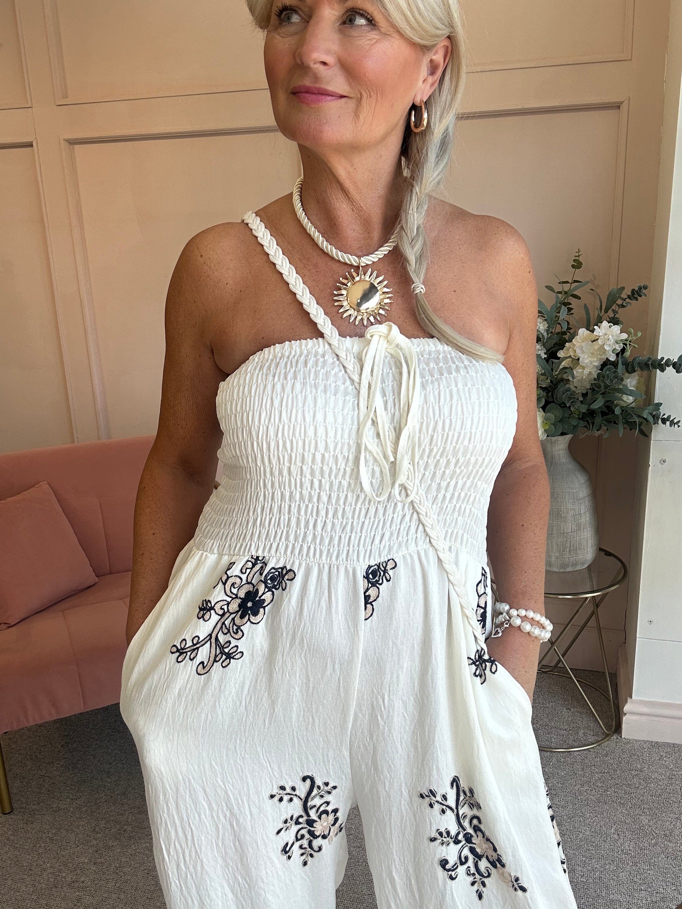Floral Embroidered Detailed Jumpsuit - Cream/Black - Wardrobe By Simone