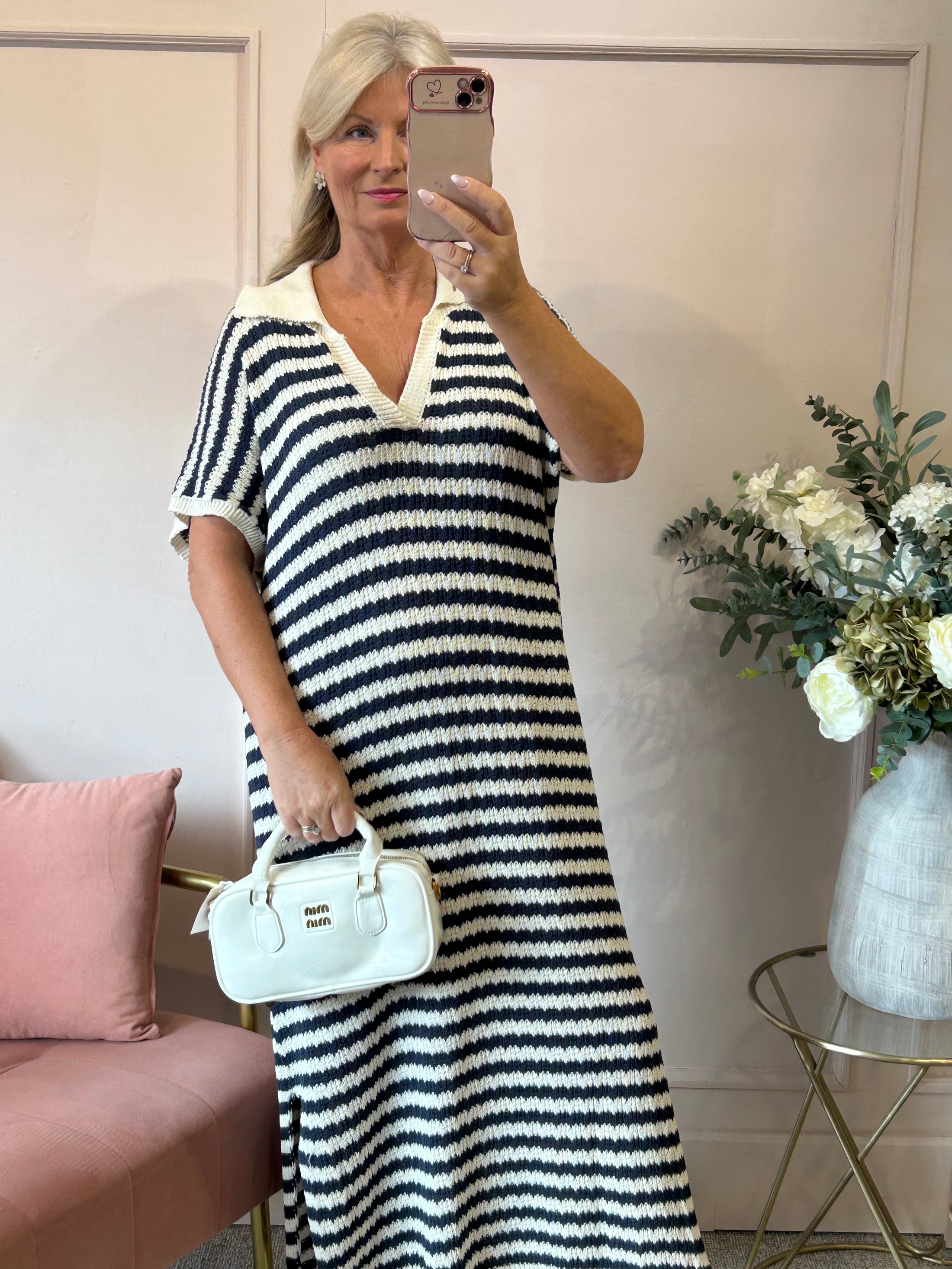 Striped Long Knitted Dress- Cream/Navy - Wardrobe By Simone
