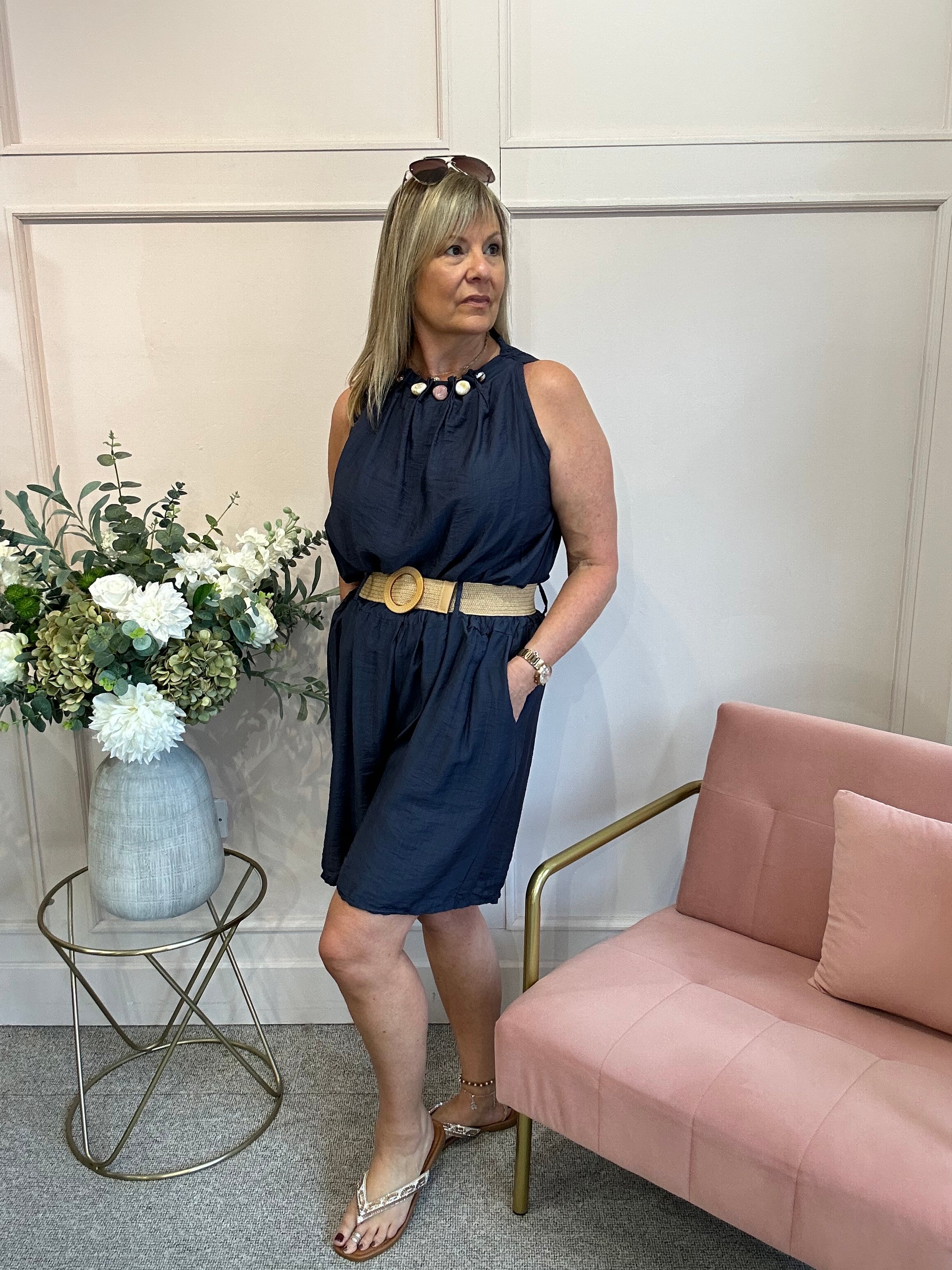 Ruched Neckline Sleeveless Top - Navy