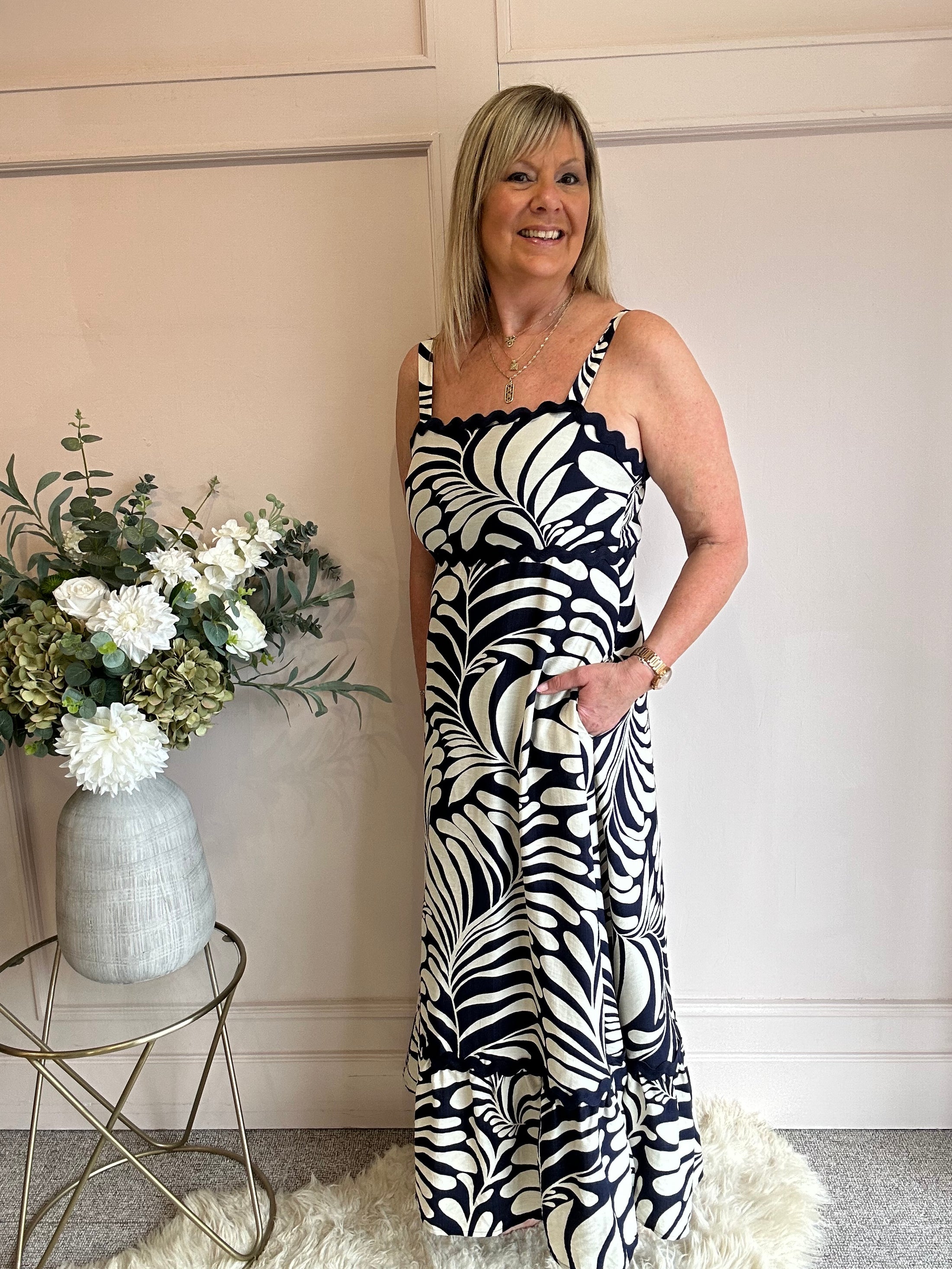 Scalloped Detail Maxi SunDress - Navy/Beige - Wardrobe By Simone