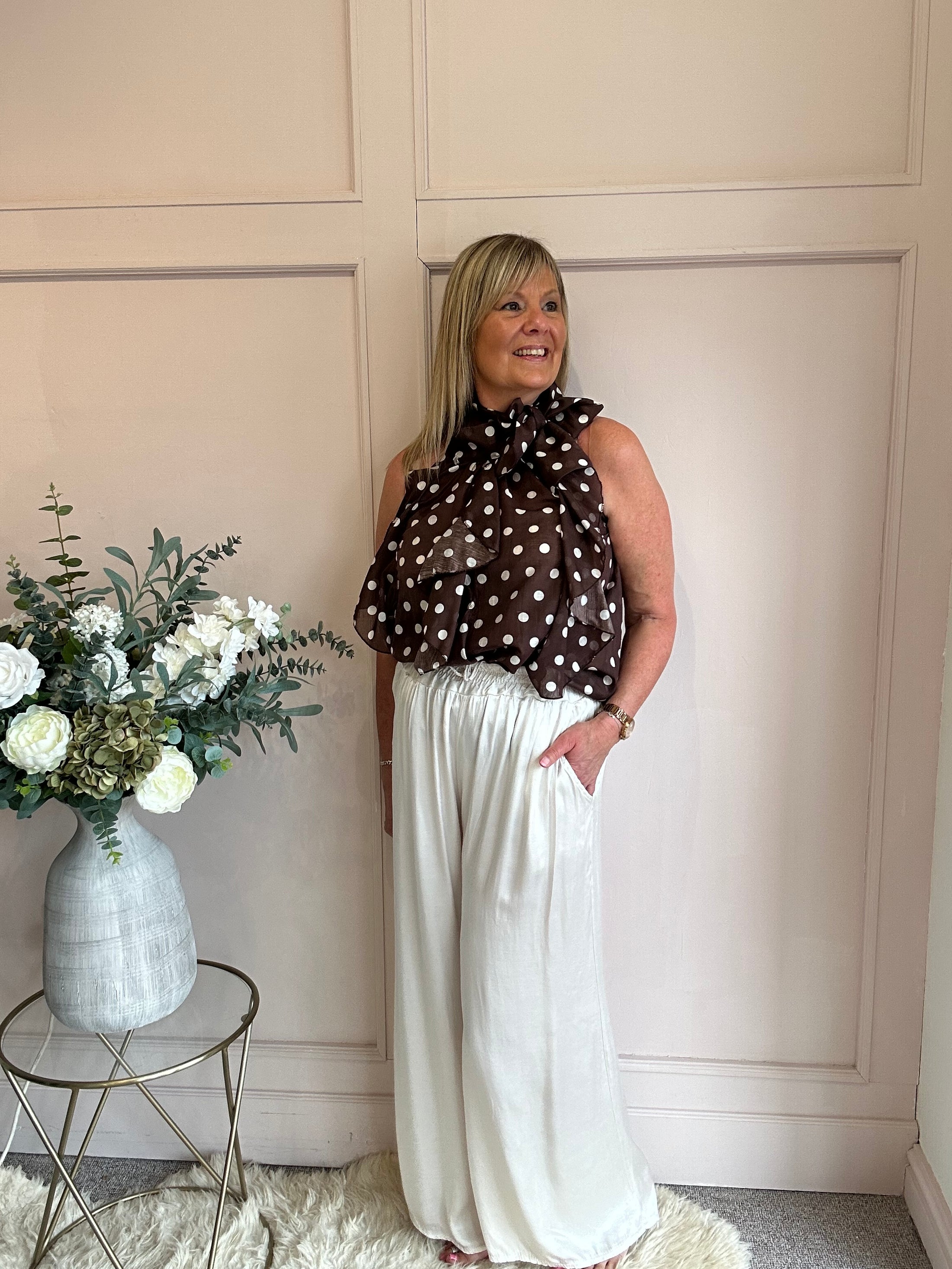 Spotty & Ruffle Top - Brown/White - Wardrobe By Simone