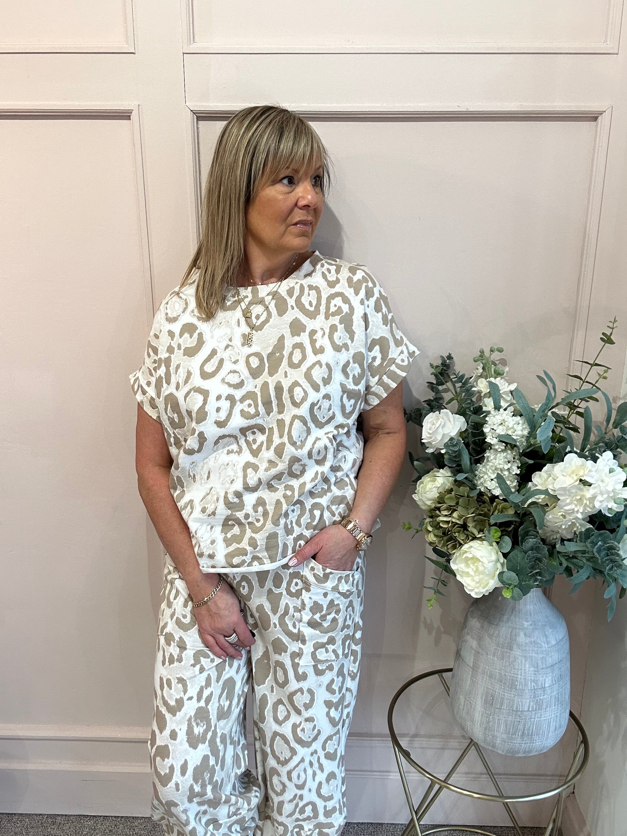 Leopard Short Sleeved Top - Beige/White - Wardrobe By Simone