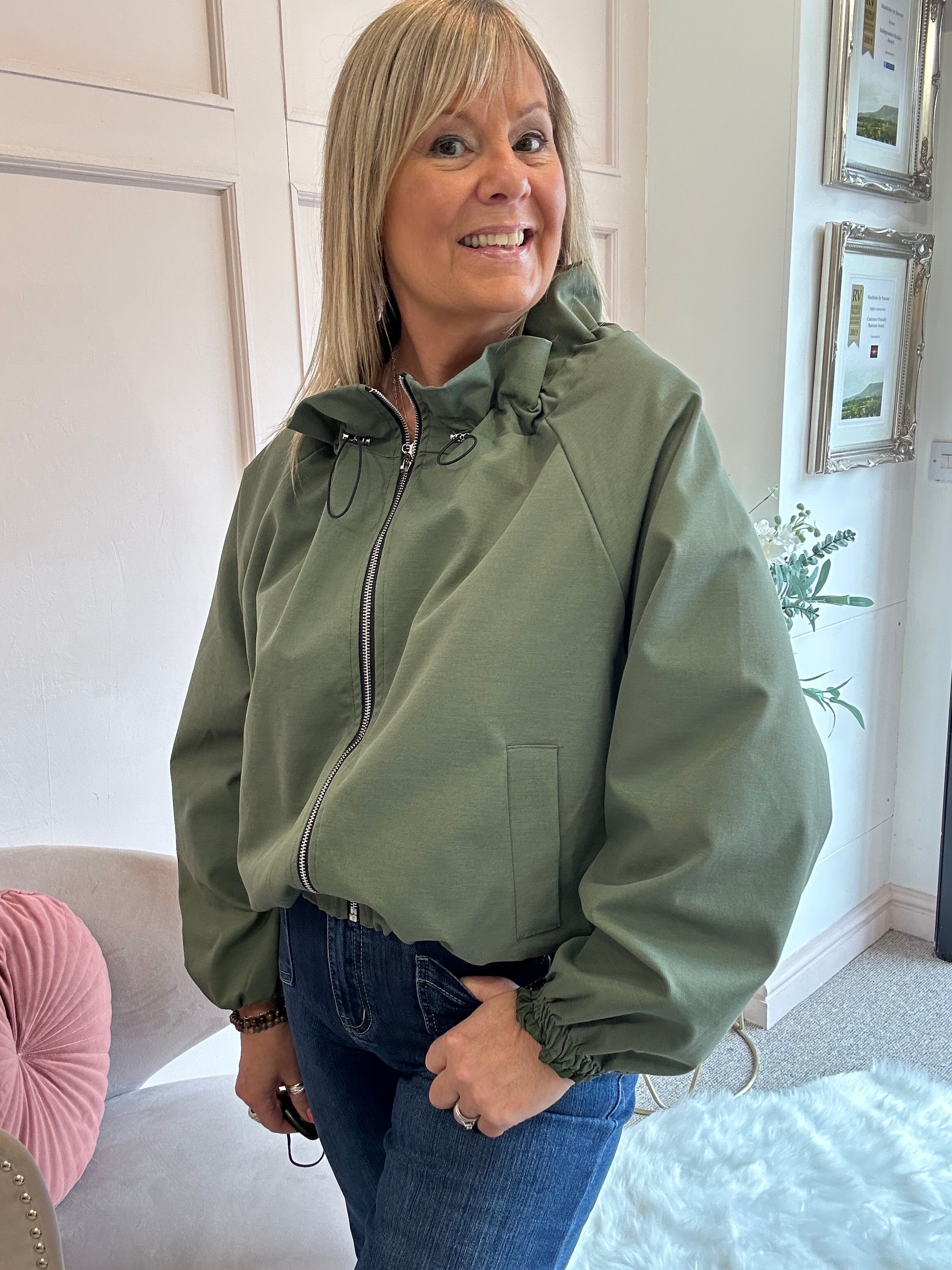 Ruffle Collar Zip Jacket - Khaki Green