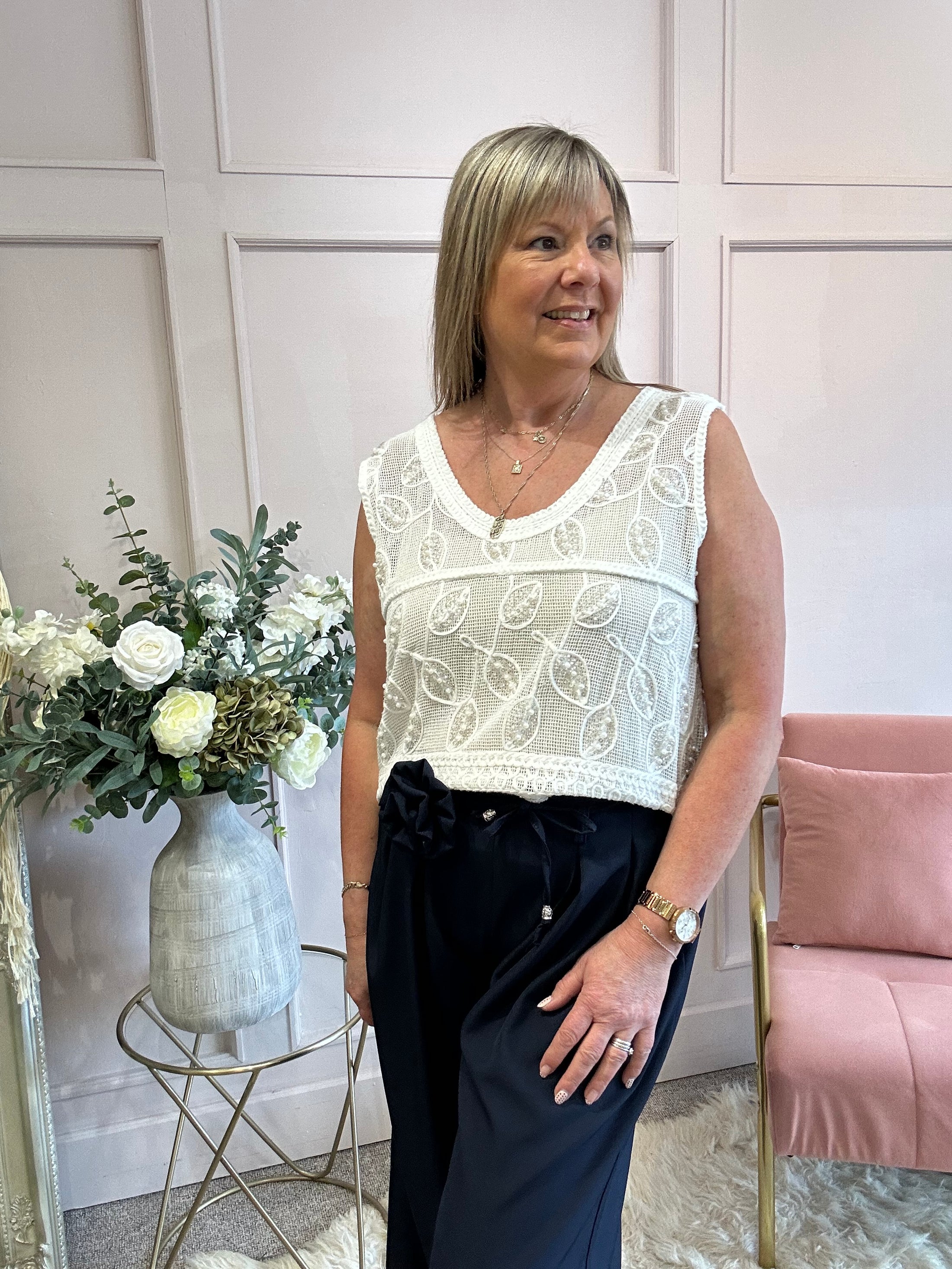 Pearls Beads & Lace Vest Top  - White - Wardrobe By Simone