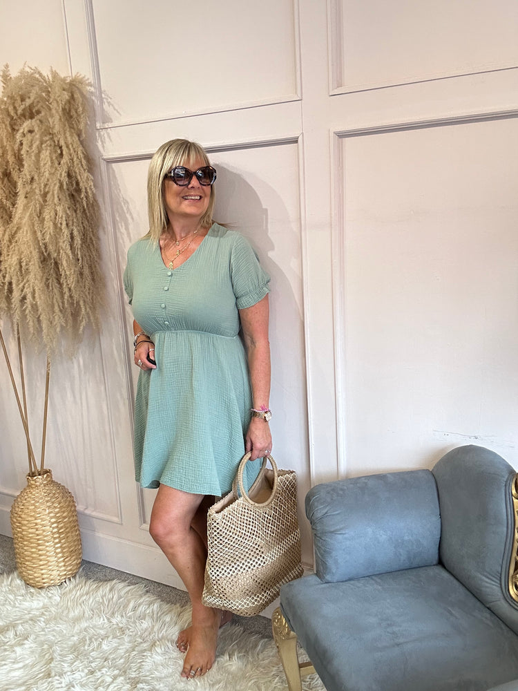 Short V-neck dress chessecloth - Khaki