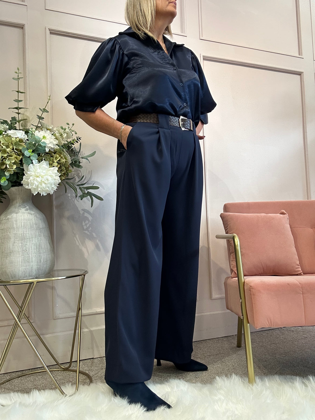 Stylish Belted Pant - Navy