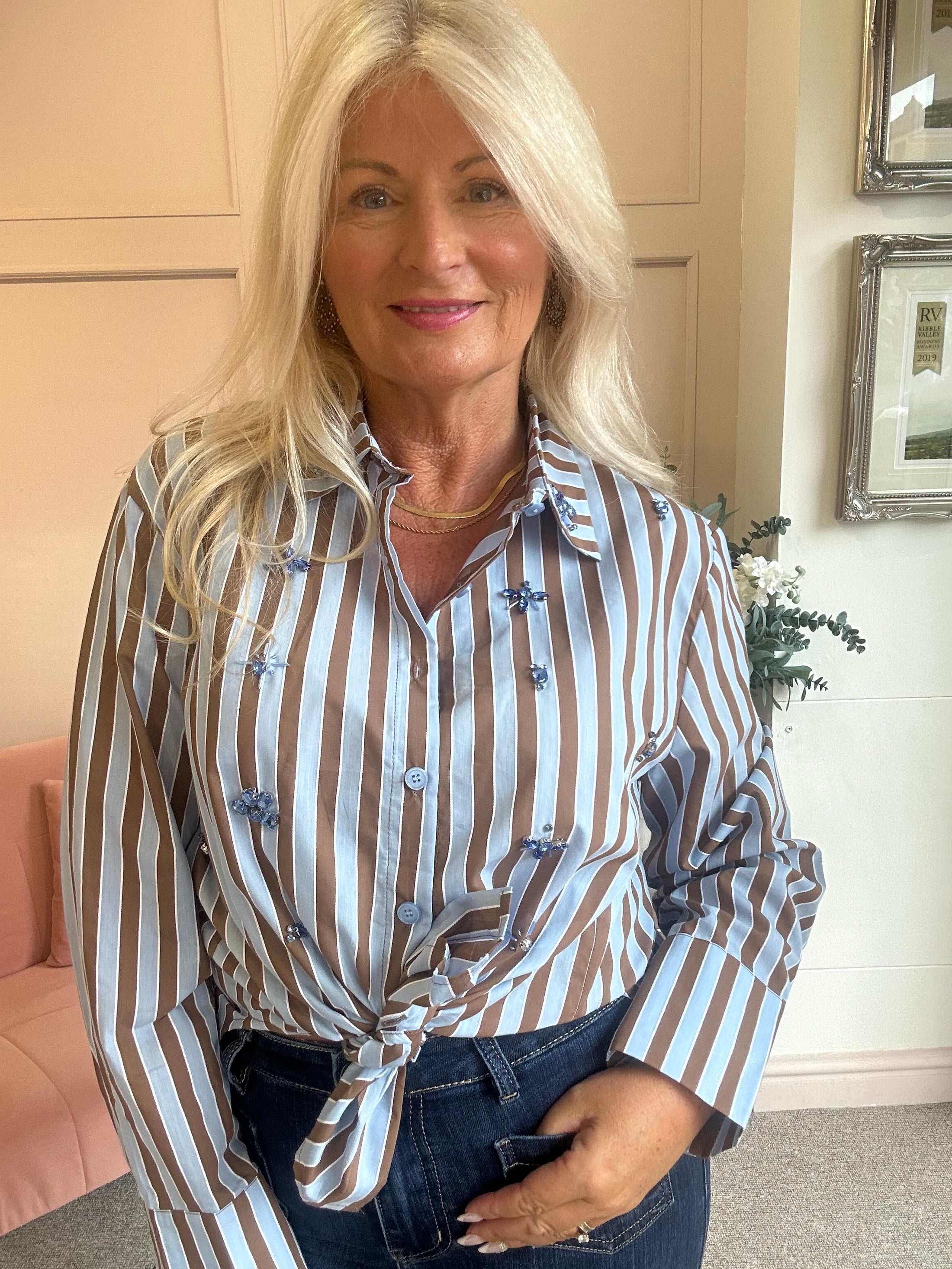 Jewels & Stripes Shirt - Powder Blue/Caramel