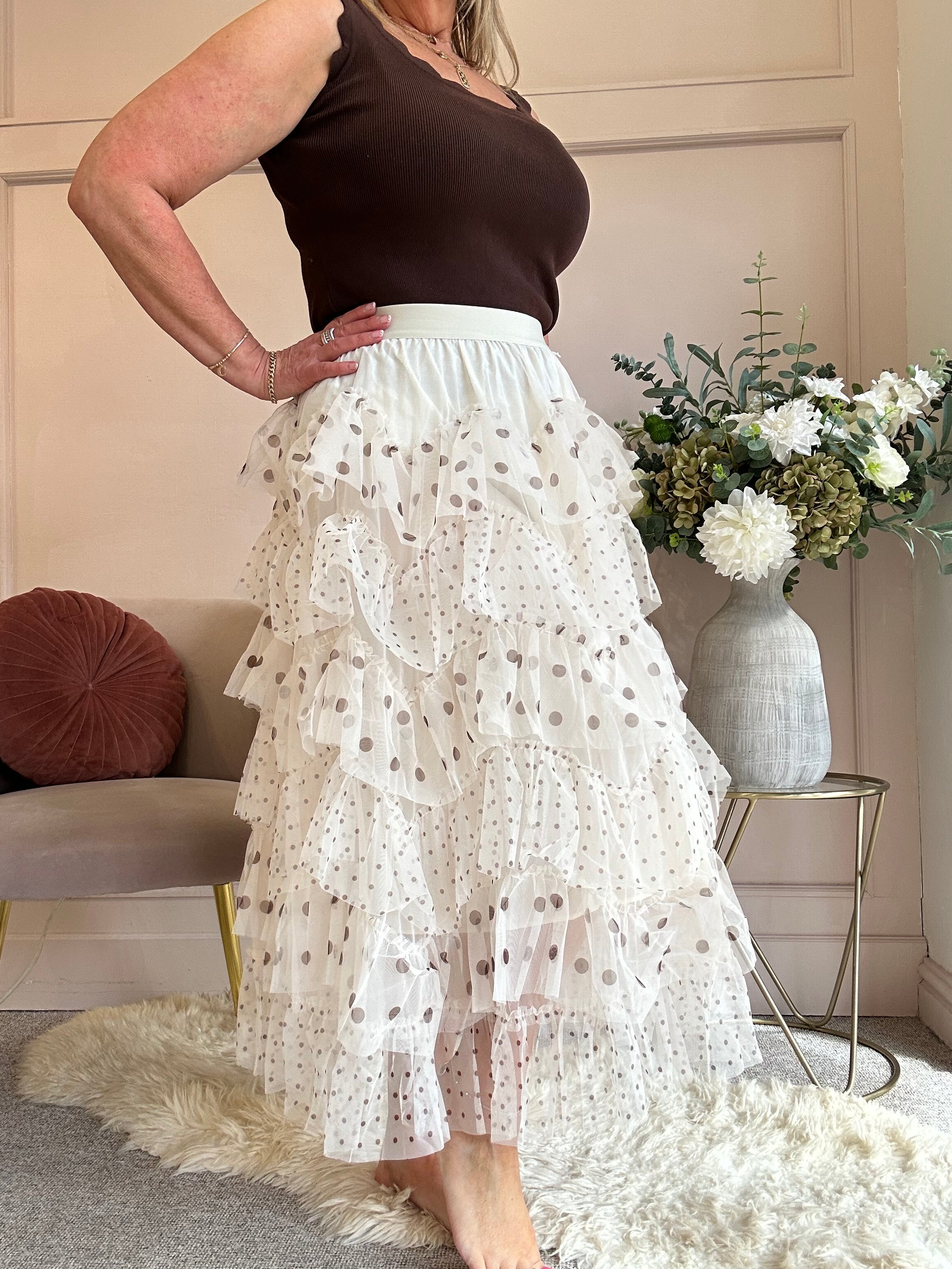 Spotty Tiered Net Maxi Skirt - Cream/Brown - Wardrobe By Simone