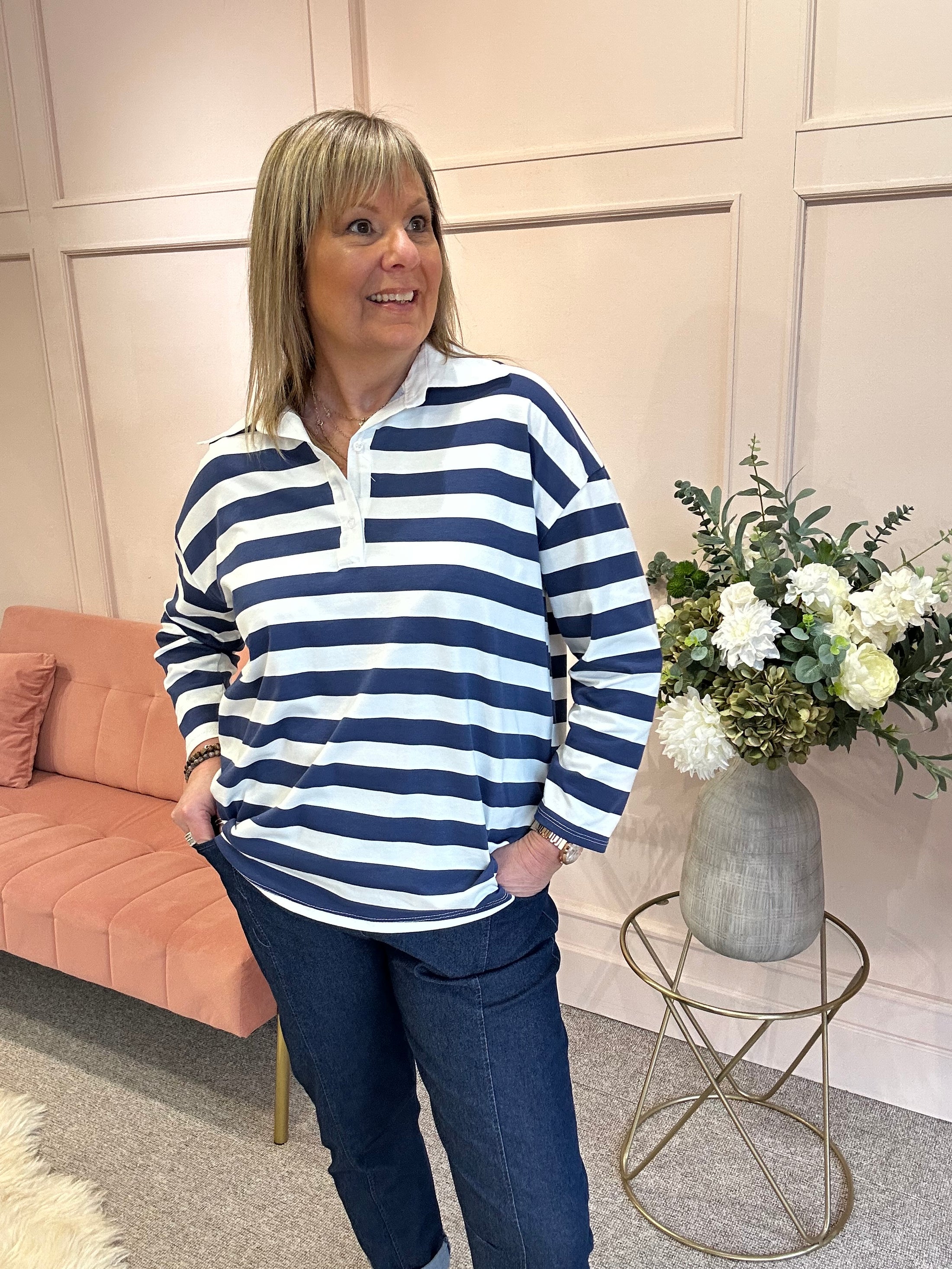 Striped Rugby Shirt Top - Navy/White - Wardrobe By Simone