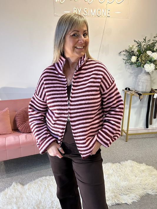 Zip Up Fun Striped Cardigan -  Pink/Burgundy
