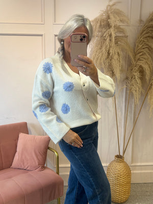 Buttoned Flowered Cardigan - Cream/ Powder Blue