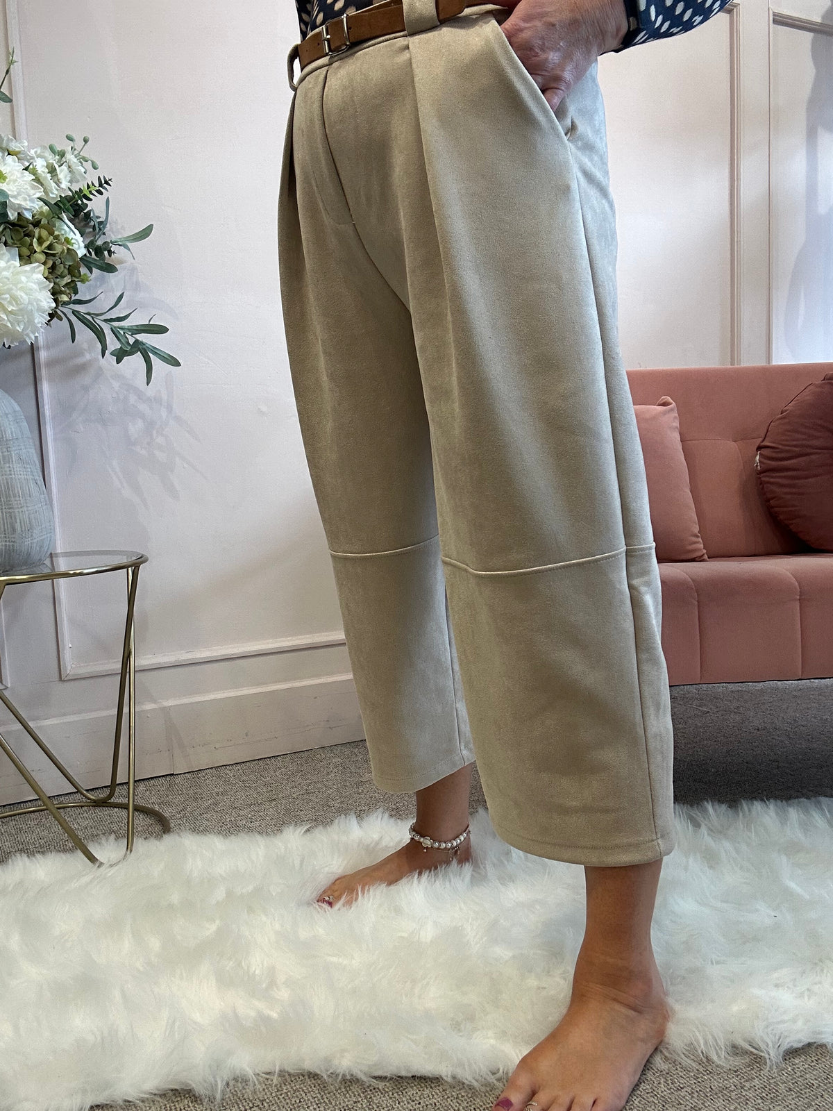 Barrel Suedette Pant - Soft Beige