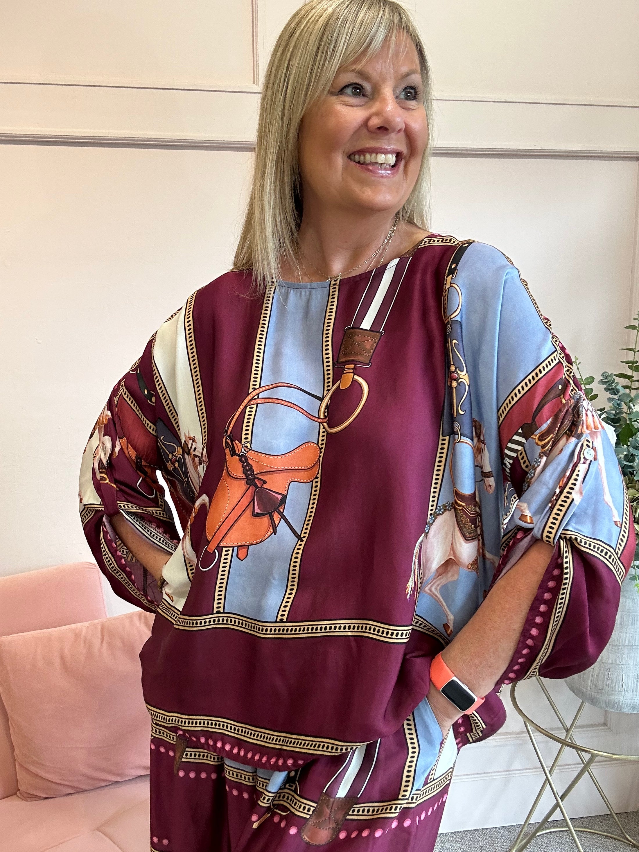 Horse & Bridle Silk Top - Burgundy/Blue - Wardrobe By Simone