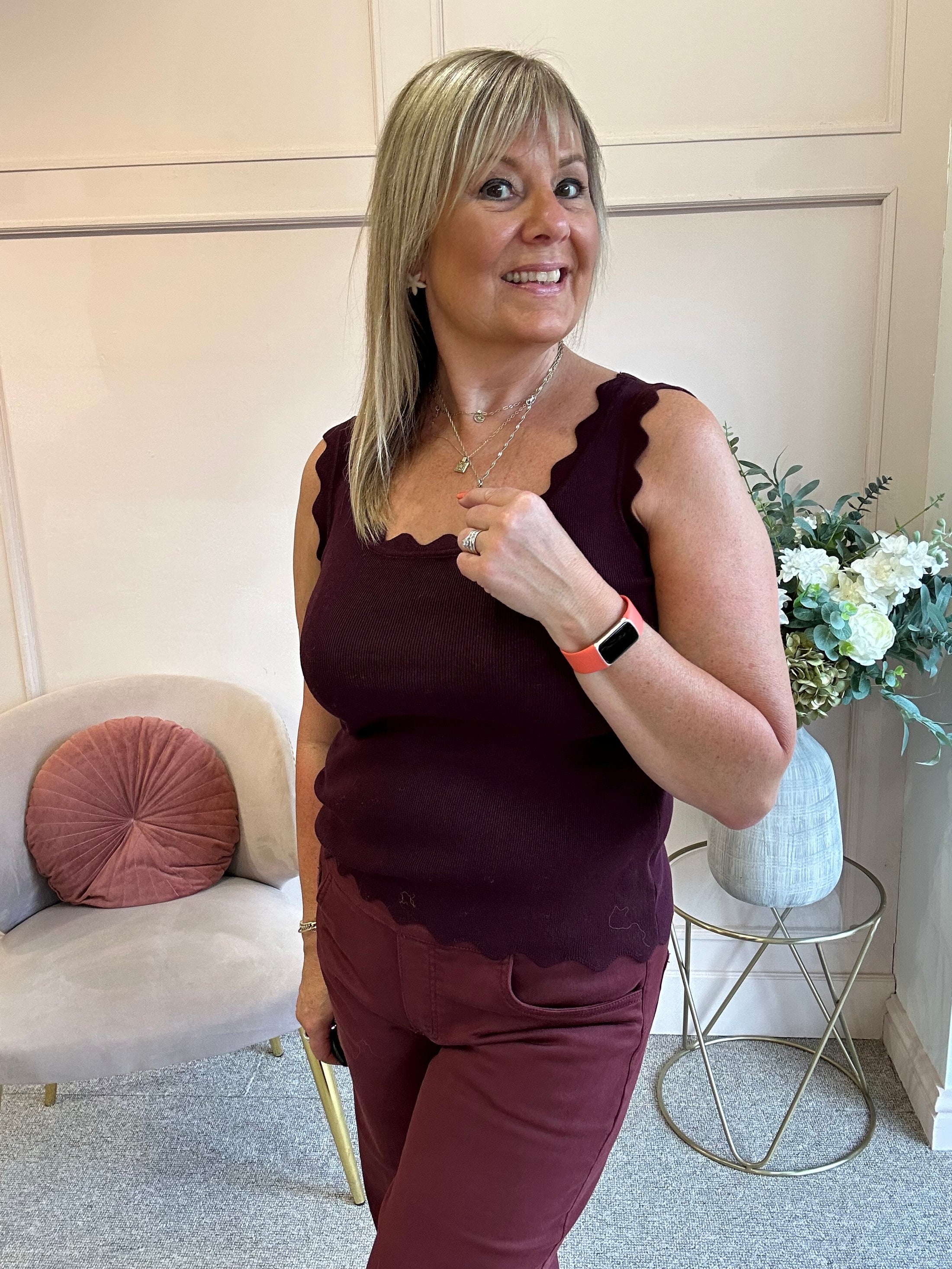 Scalloped Edged Vest Top - Plum