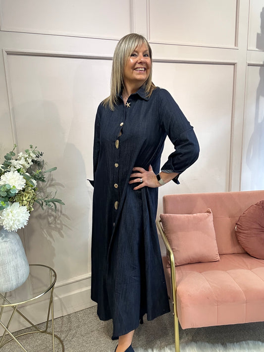 Denim Maxi Shirt Dress - Dark Denim - Wardrobe By Simone