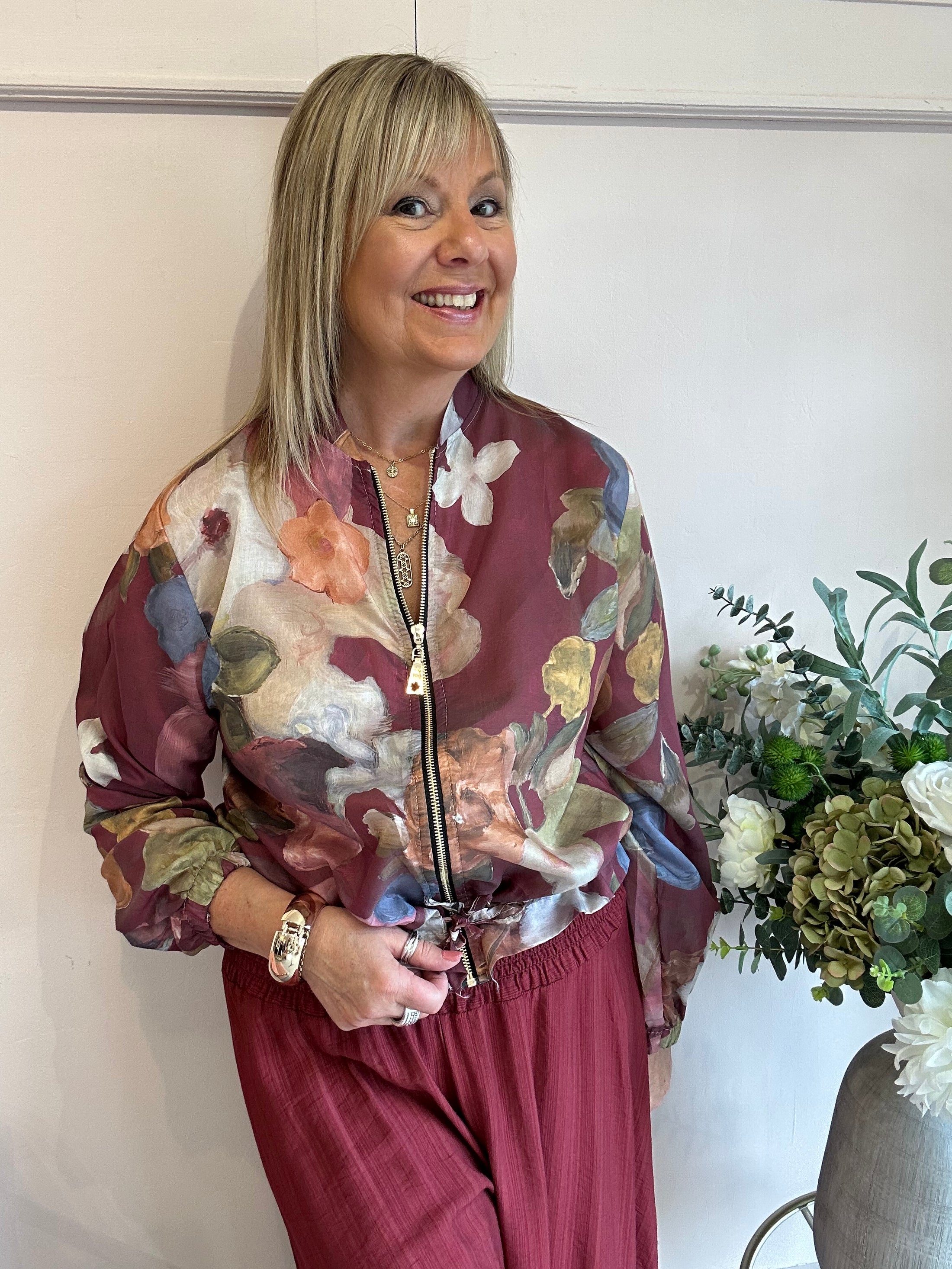 Floral Bloom Zip Jacket - Burgundy/Beige
