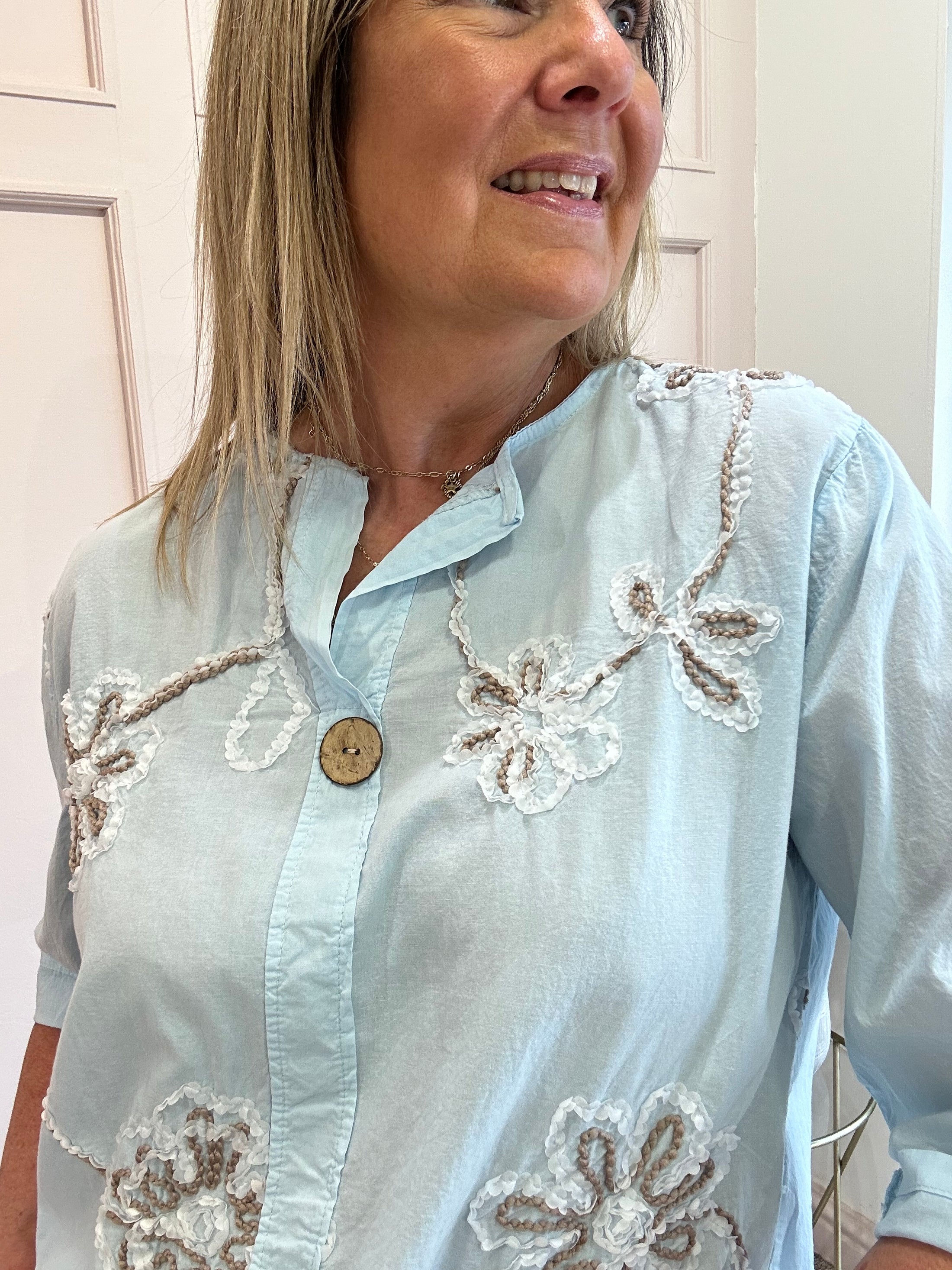 Pretty Applique Flower Shirt  - Soft Blue - Wardrobe By Simone