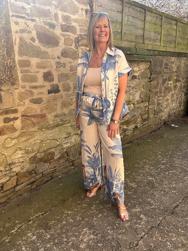 Cheetah & Palm Print Shirt - Cream/Blue