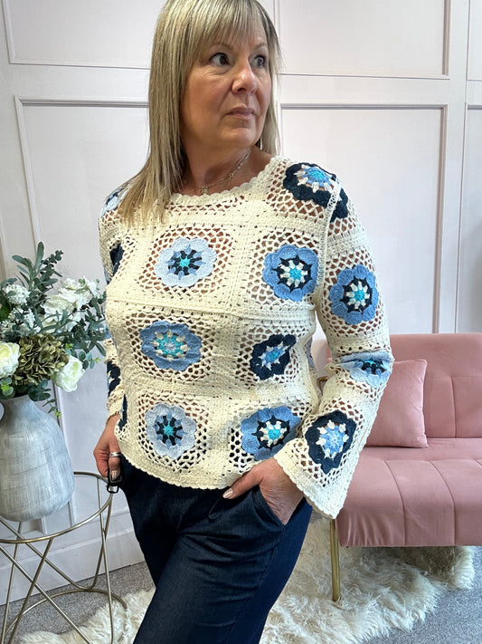 Crochet  Scallop Edge Jumper - Cream/Navy - Wardrobe By Simone