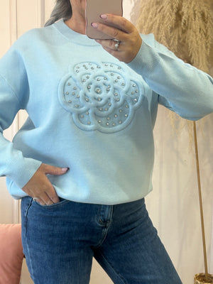 Flower & Silver Gems Jumper - Soft Blue