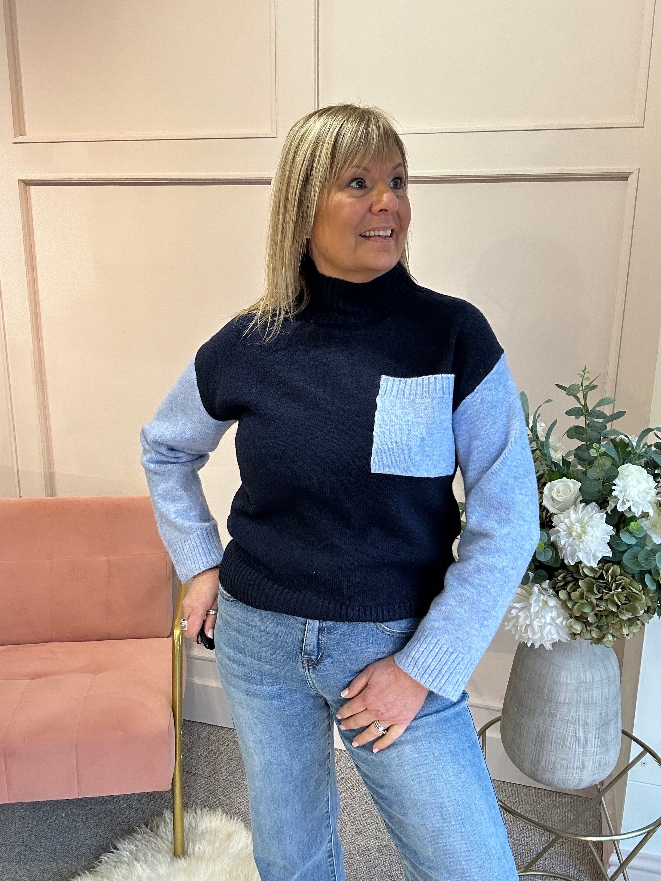 Turtle Neck Jumper -Navy/Power Blue