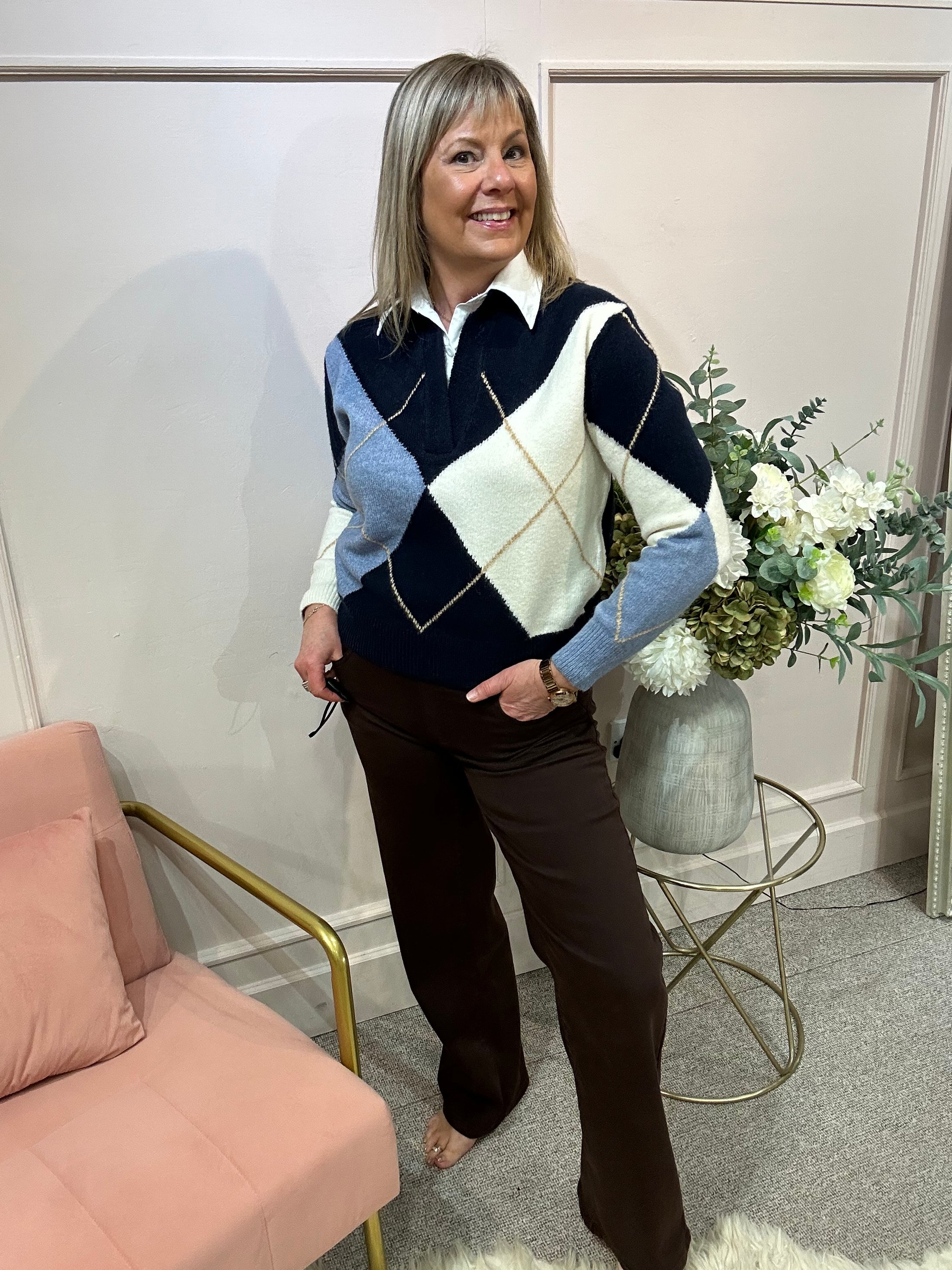 White Shirt Diamond Jumper - Cream/Blues