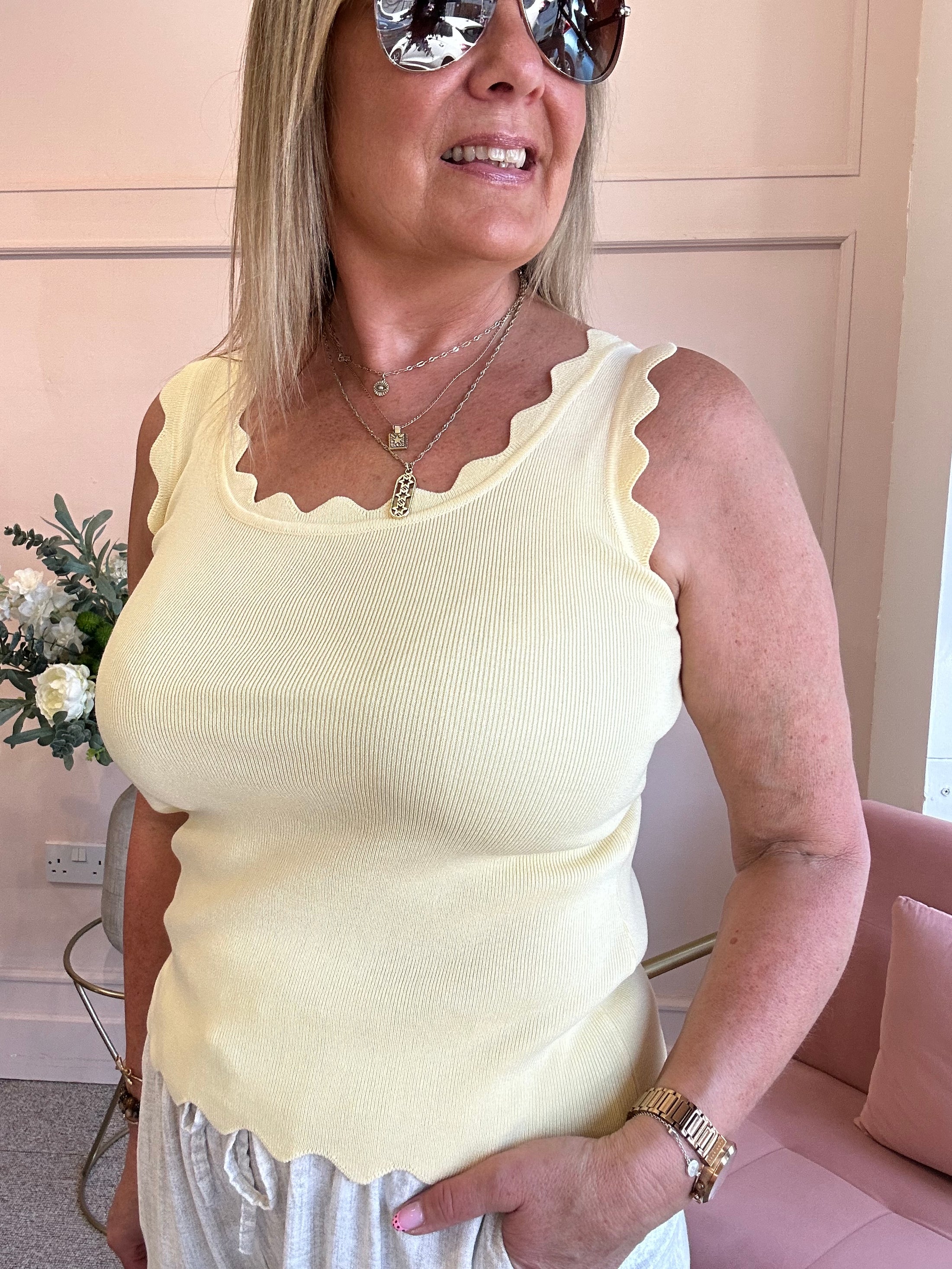 Scalloped Edged Vest Top - Pale Yellow