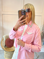 Striped Shirt With Embellished & Beads  - Pink
