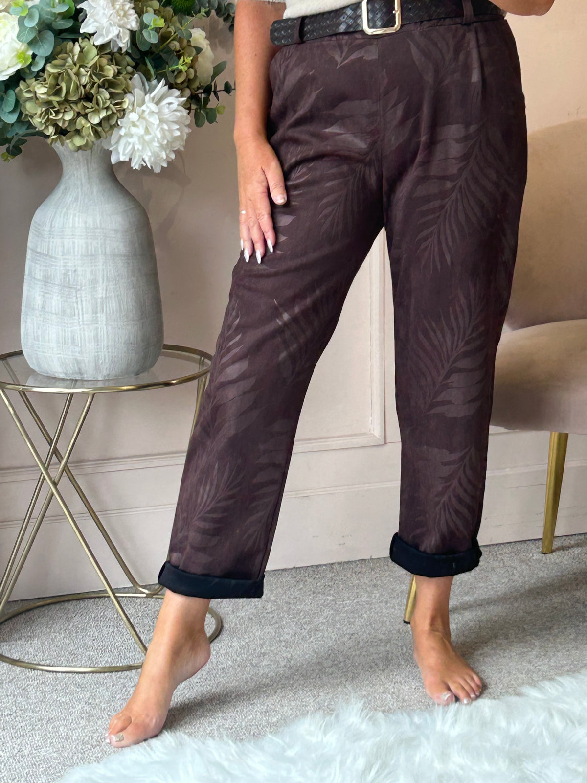 Belted Leaf Embossed Pant - Brown