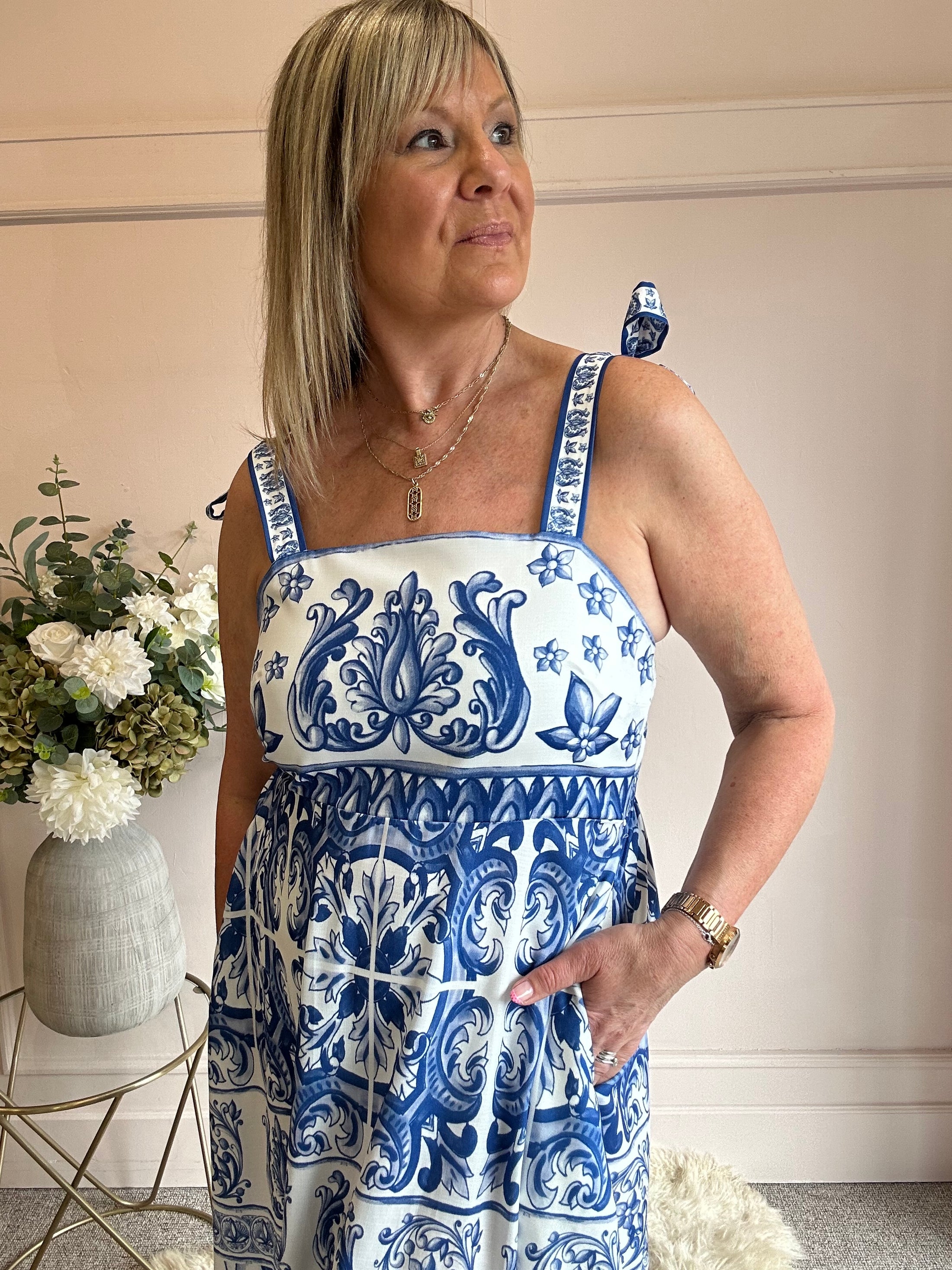 Goddess Of Love Maxi SunDress - White/Blue - Wardrobe By Simone