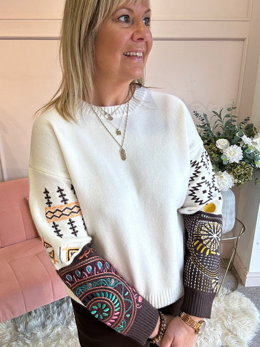 Embroidered Tribal Accents Jumper - Cream/Mix