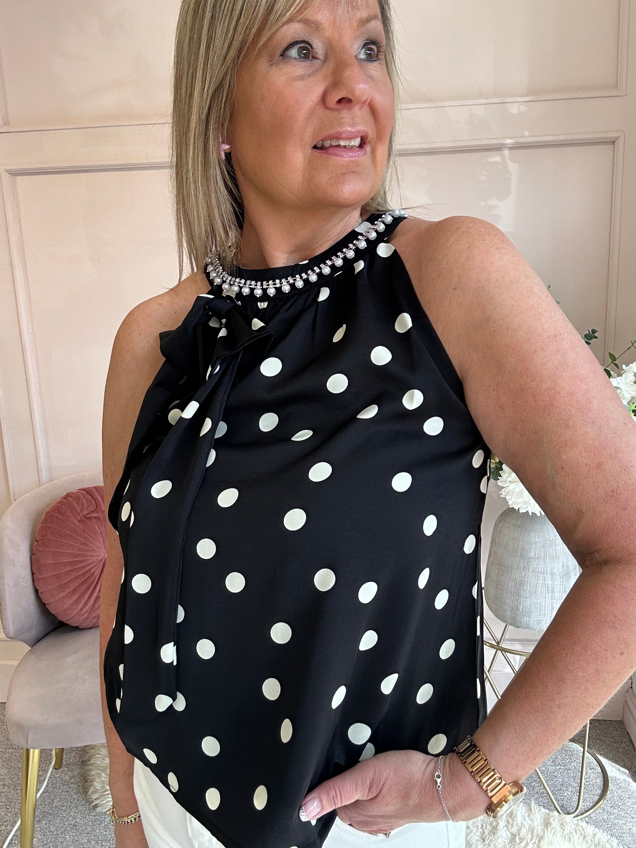 Polka Dot & Pearl Top - Black/White - Wardrobe By Simone