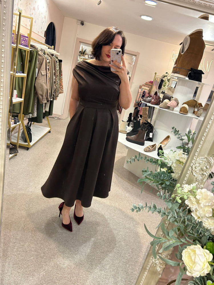 Asymmetric Neckline Skater Dress - Brown