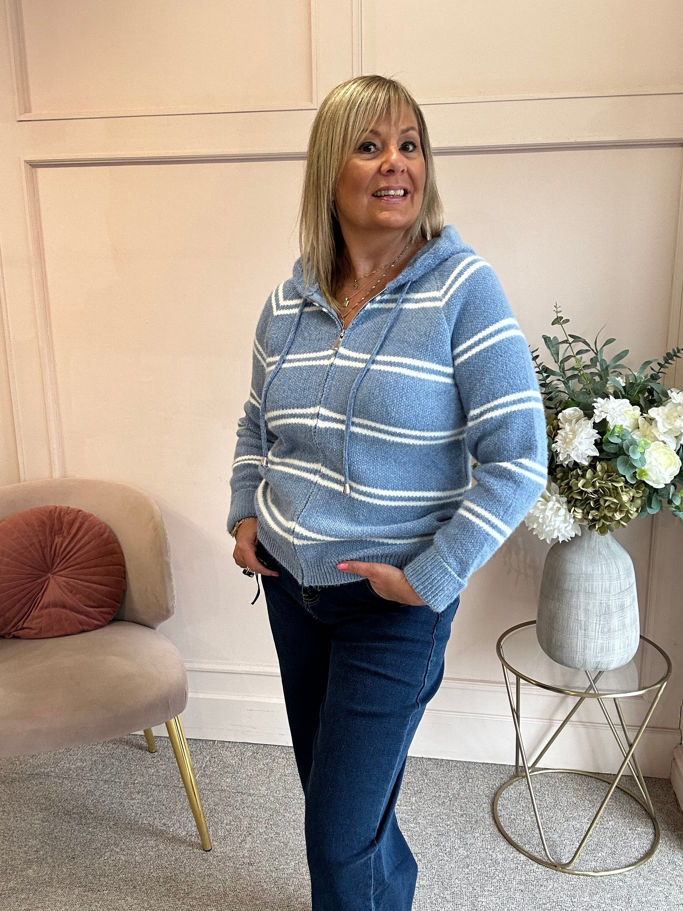 Hoody Striped Zip Cardigan- Cornflower Blue/Cream