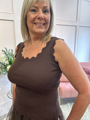 Scalloped Edged Vest Top - Brown