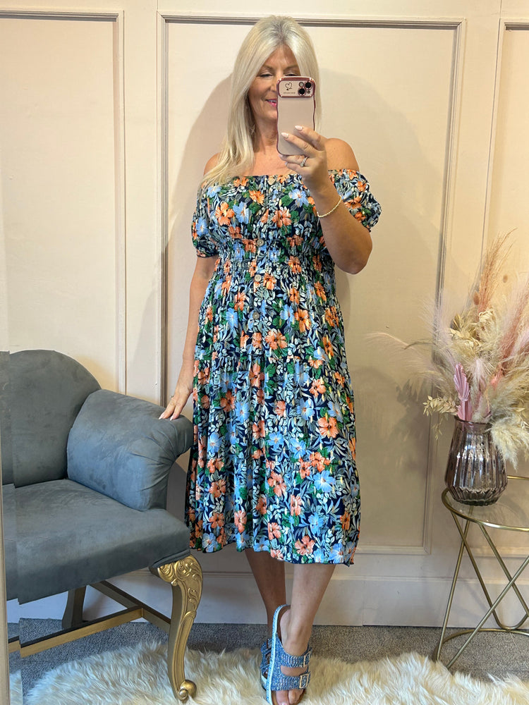 Floral Bloom Midi Dress - Blues/Oranges