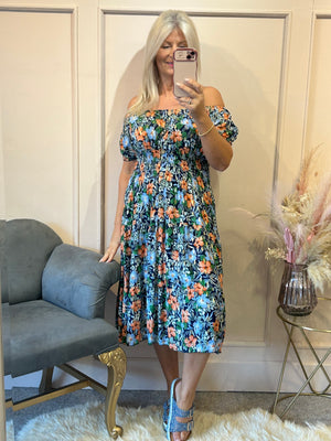 Floral Bloom Midi Dress - Blues/Oranges