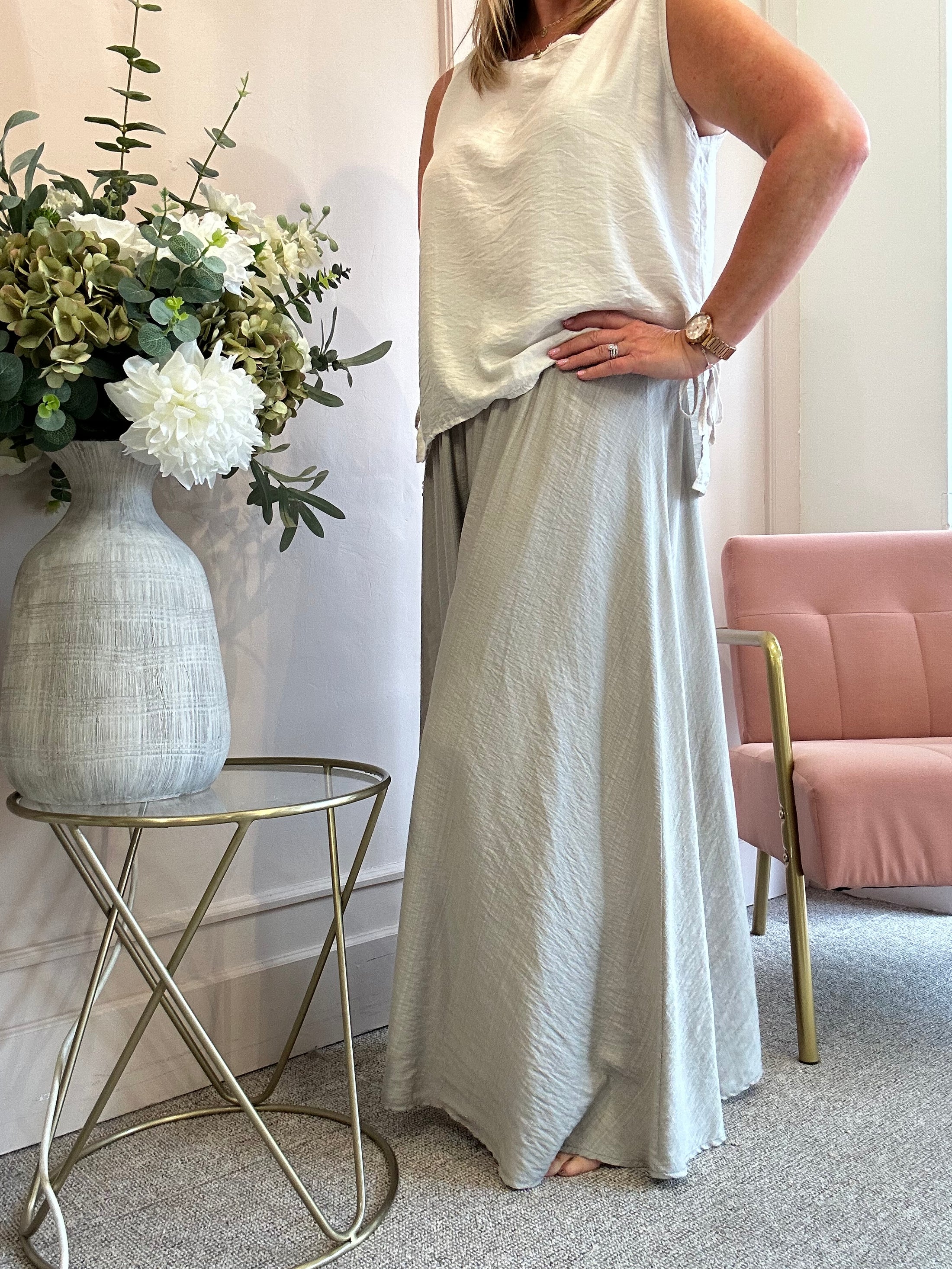 Deep Elasticated Waist Wide Pant - Stone