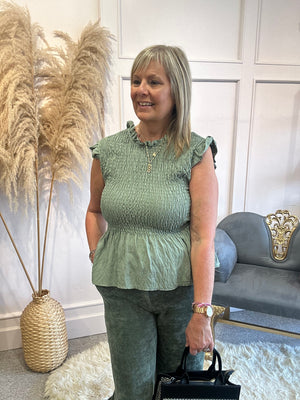 Ruched Bodice Peplum Top - Khaki - Wardrobe By Simone